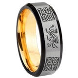 8mm Multiple Dragon Celtic Beveled Edge Gray And Gold Tungsten Personalized Ring