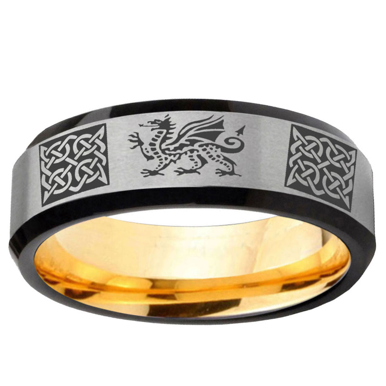 Multiple Dragon Celtic Beveled Edge Gray Gold Tungsten Ring