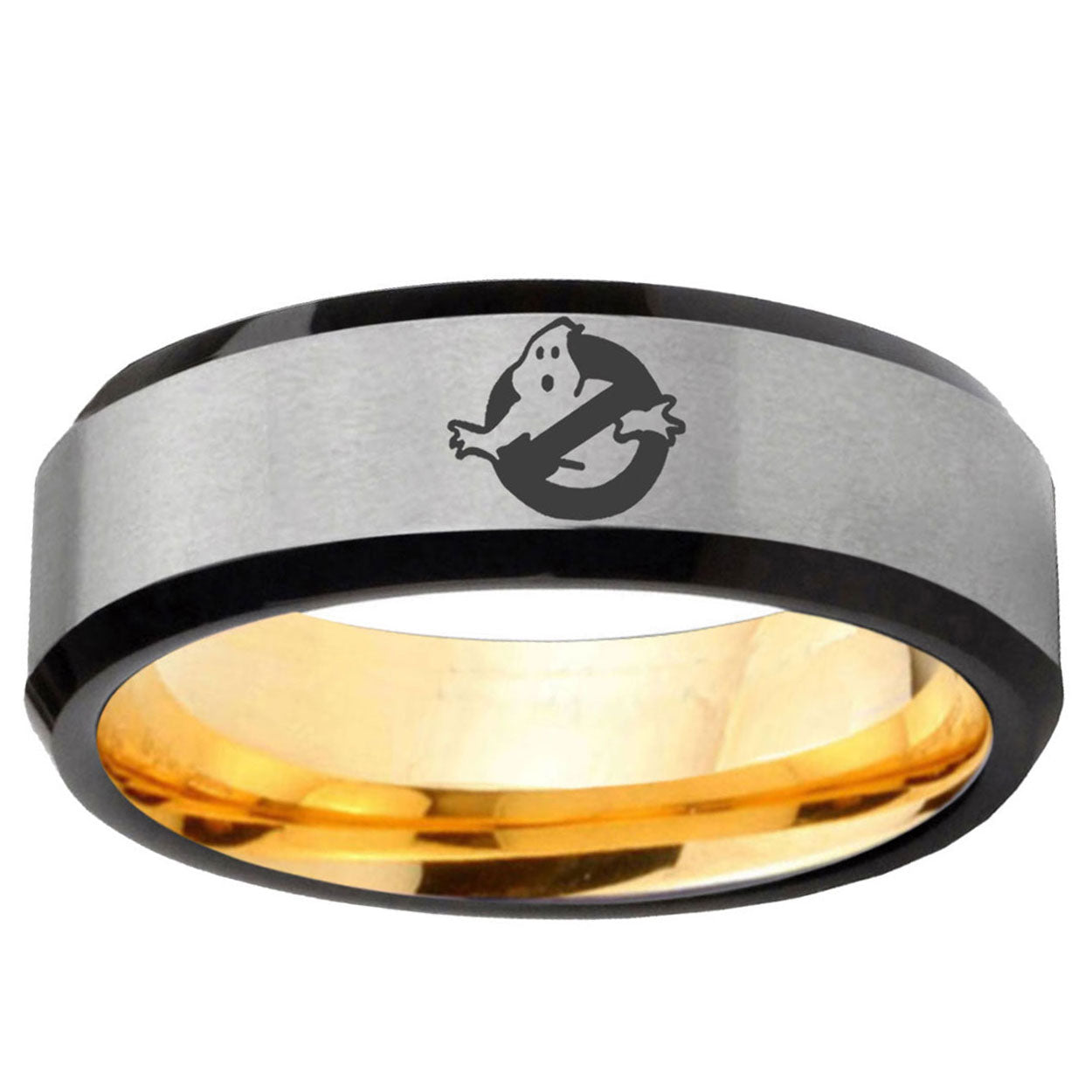Ghostbusters Beveled Edge Gray And Gold Tungsten Ring