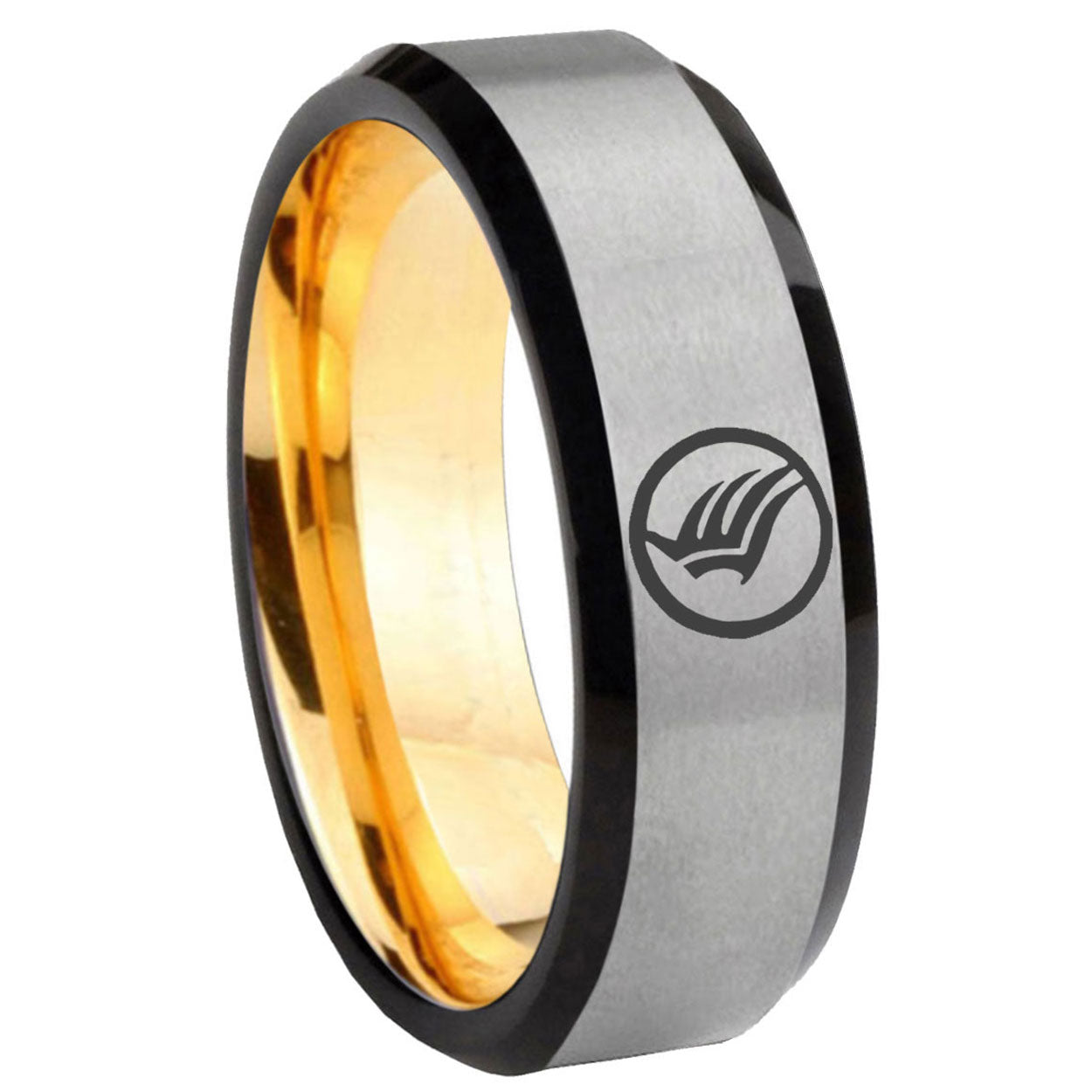 8mm Beveled Edge Gray Gold Mass Effect Tungsten Engraved Ring