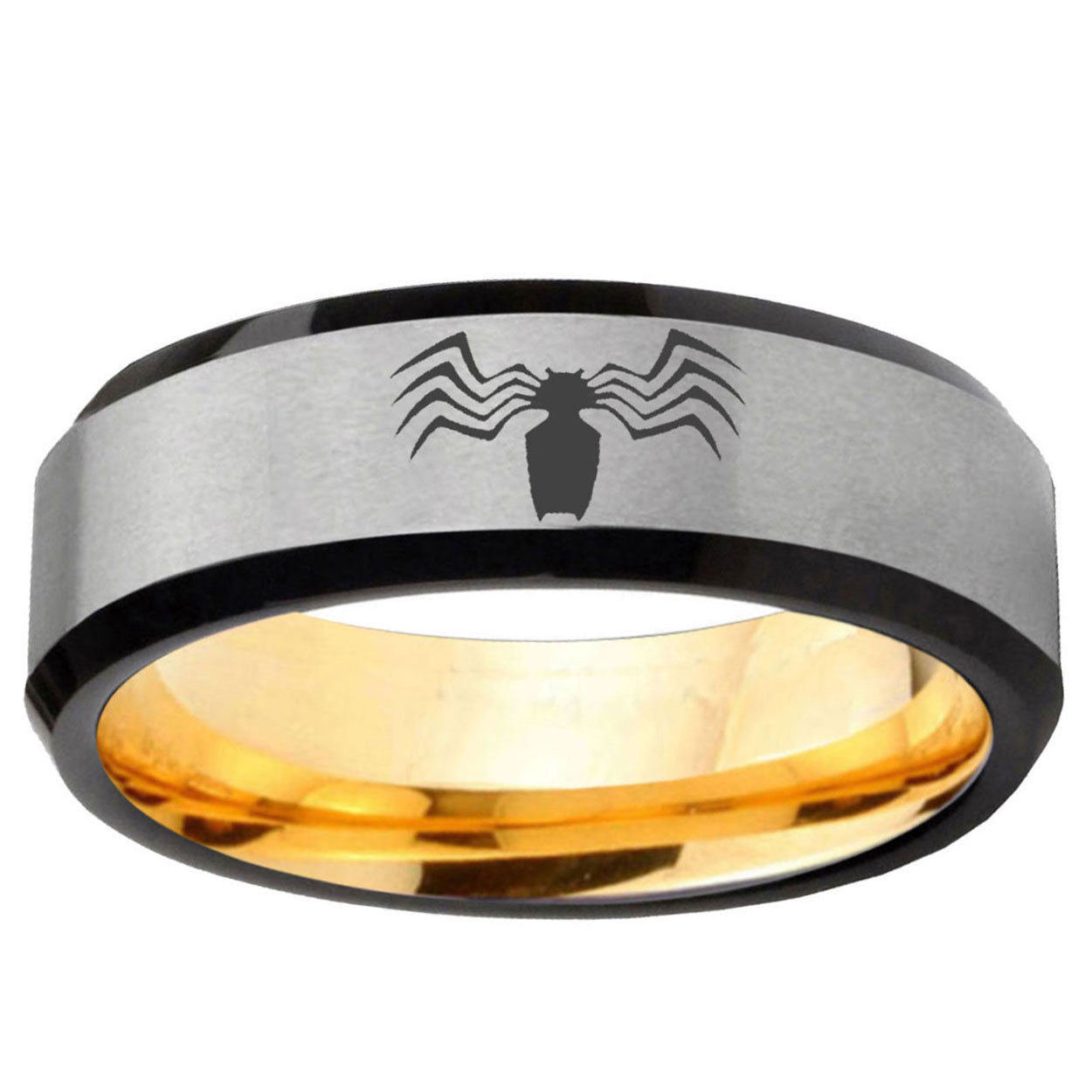 Spider Beveled Edge Gray And Gold Tungsten Promise Ring