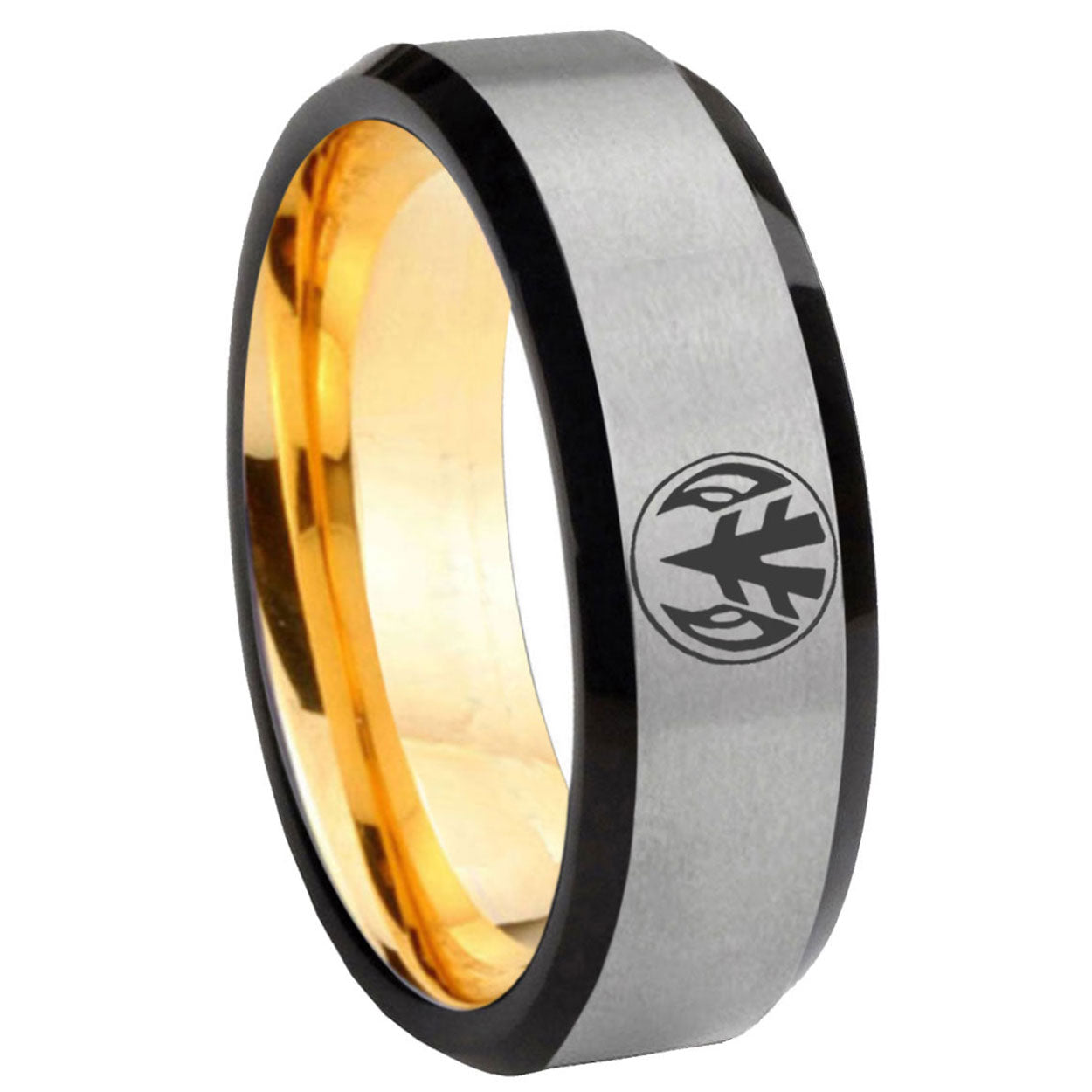 8mm Love Power Rangers Beveled Edge Gray Gold Tungsten Bands