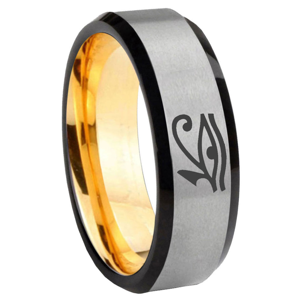 8mm Seeing Eye Beveled Edge Gray Gold Tungsten Mens Bands Ring