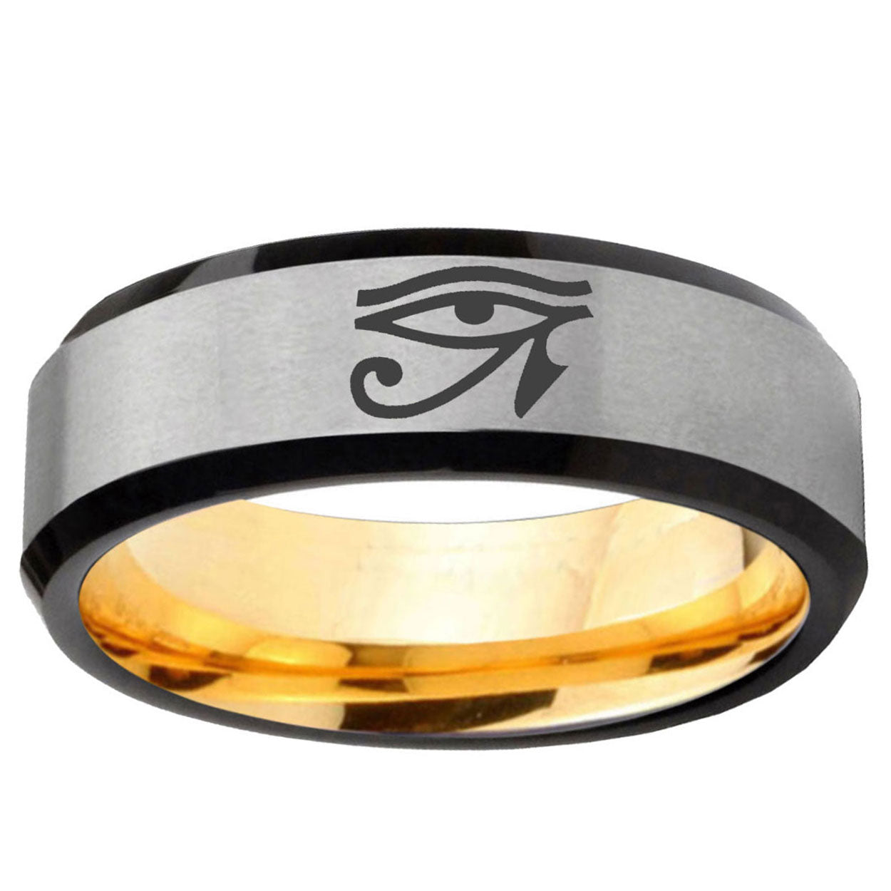Seeing Eye Beveled Edge Gray Gold Tungsten Mens Bands Ring