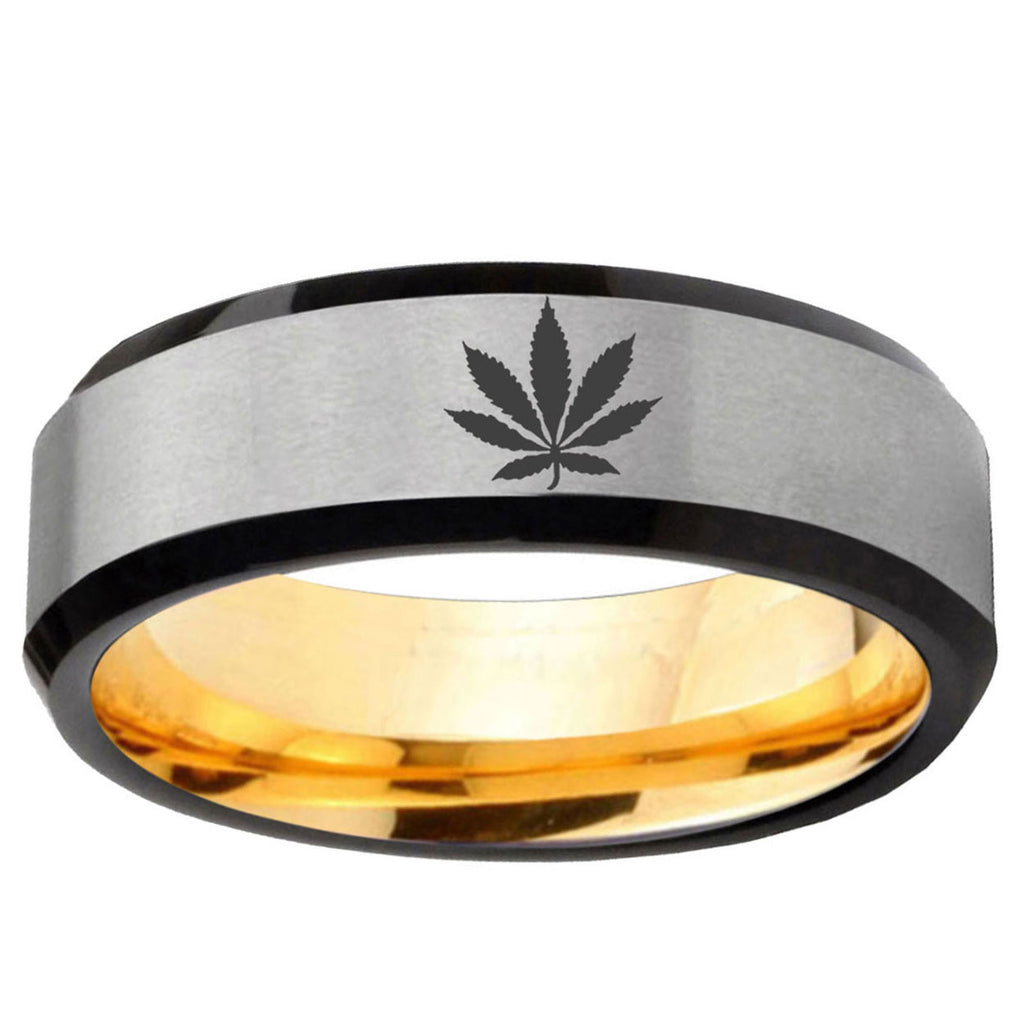 Marijuana Leaf Beveled Tungsten Silver Gold Engagement Ring