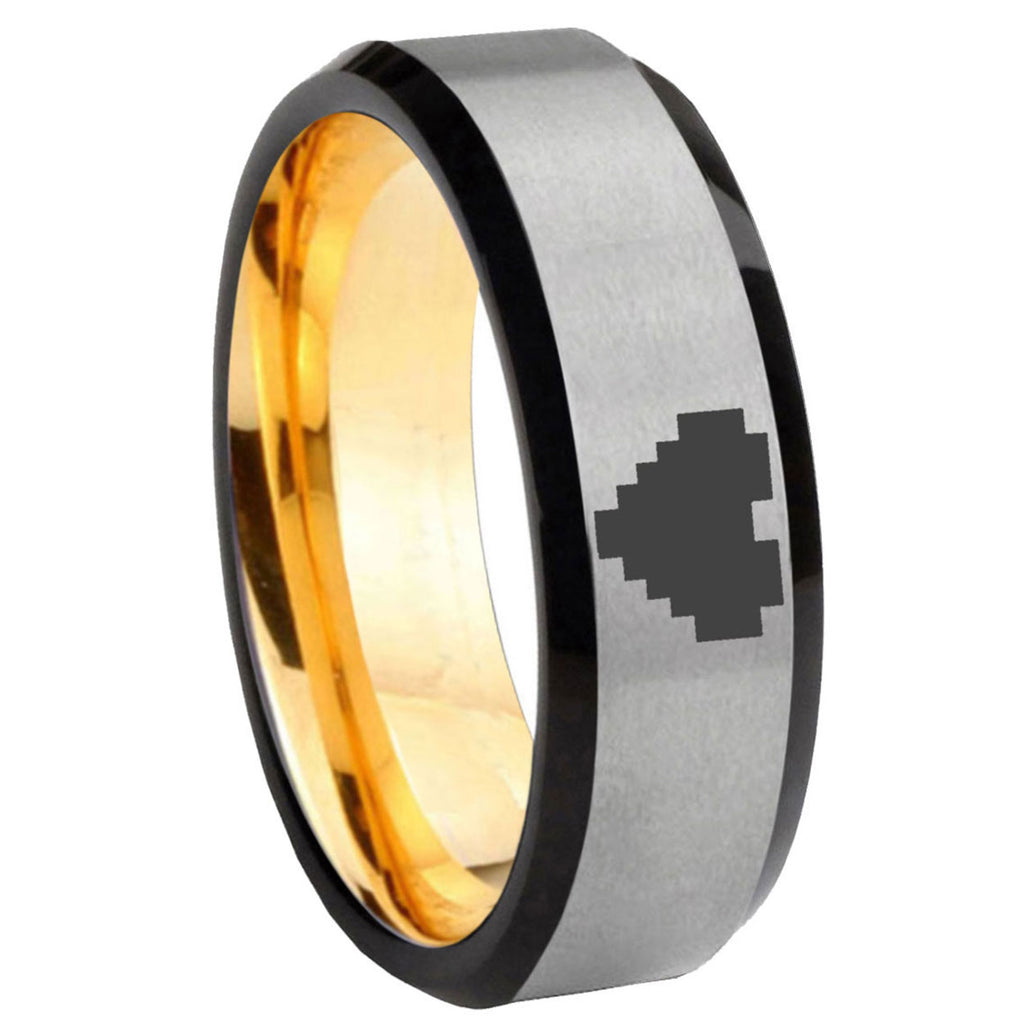 8mm Beveled Edge Gray Gold Zelda Heart Tungsten Engraved Ring