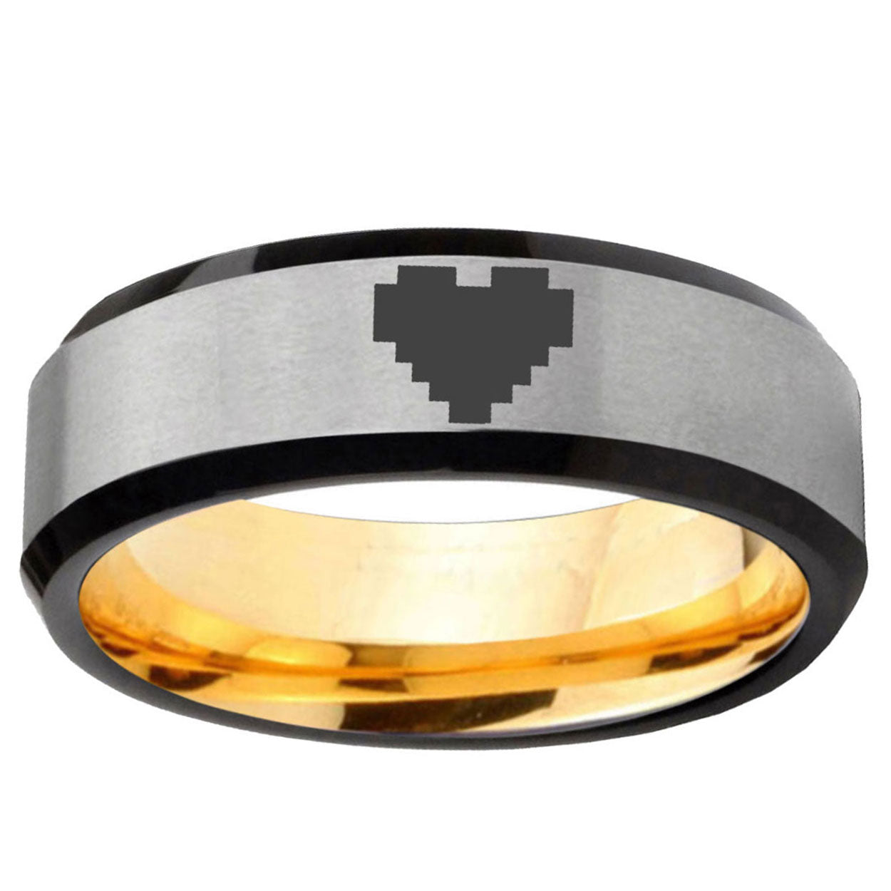 Beveled Edge Gray Gold Zelda Heart Tungsten Engraved Ring