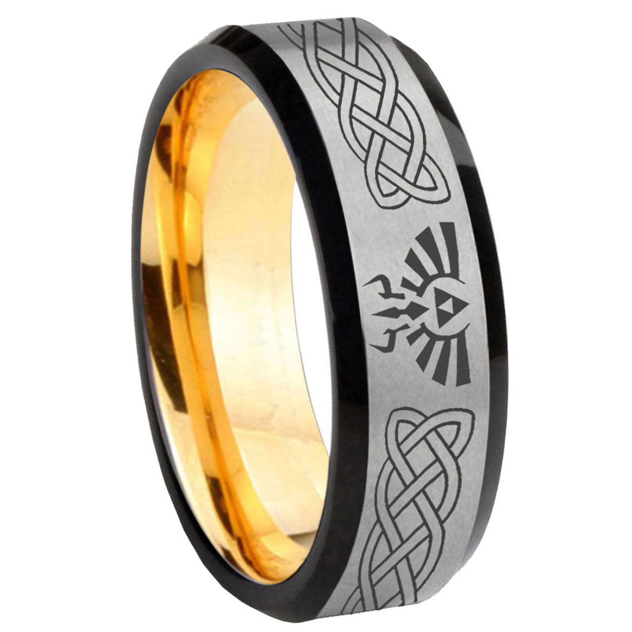 8mm Celtic Zelda Beveled Edge Gray Gold Tungsten Promised Band