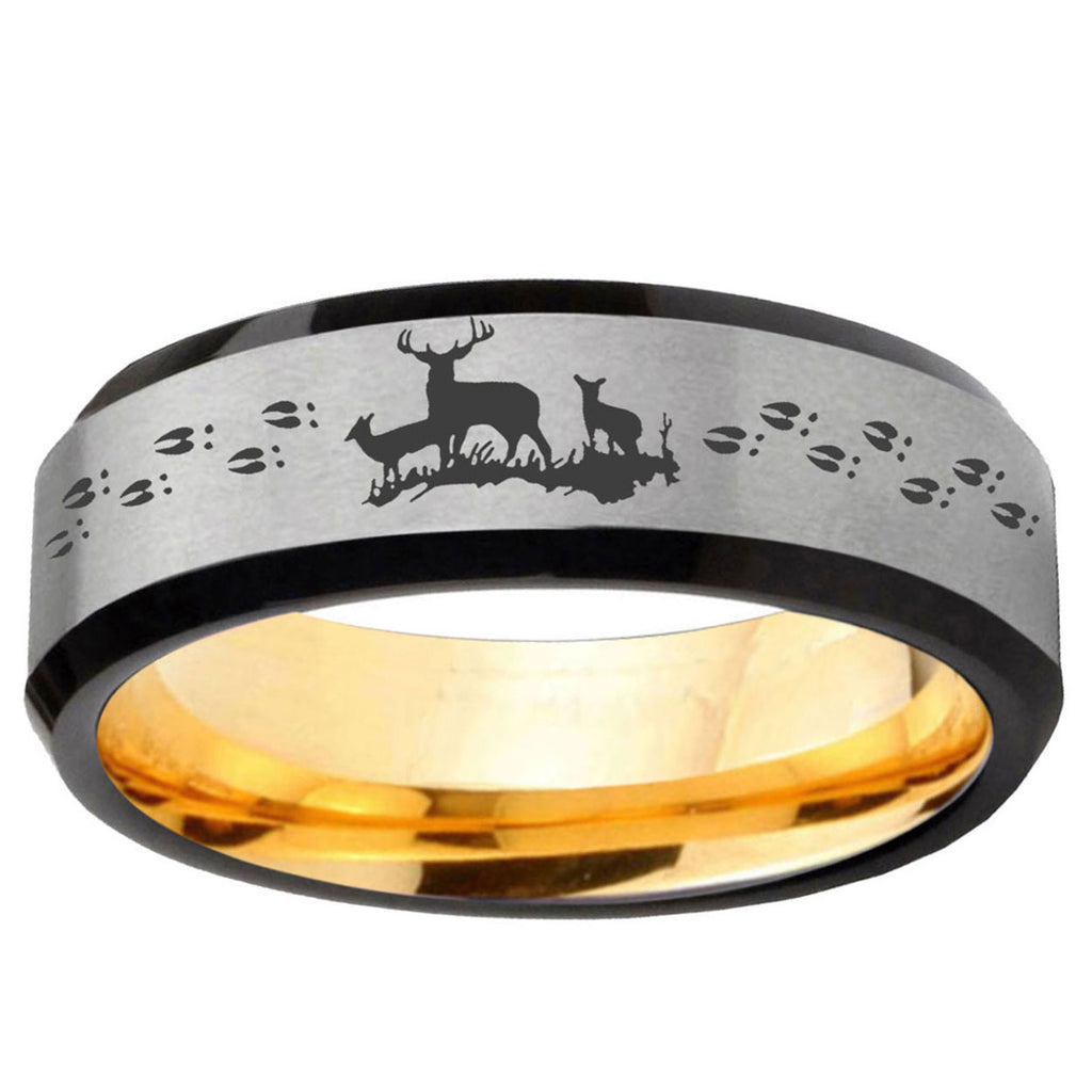 Deer Hunting Beveled Edge Gray Gold Tungsten Custom Ring