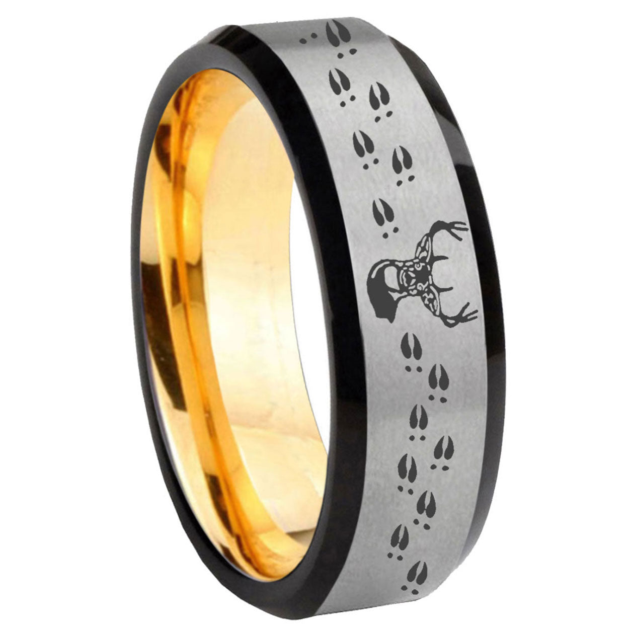 8mm Deer Antler Beveled Edge Gray And Gold Tungsten Men Bands