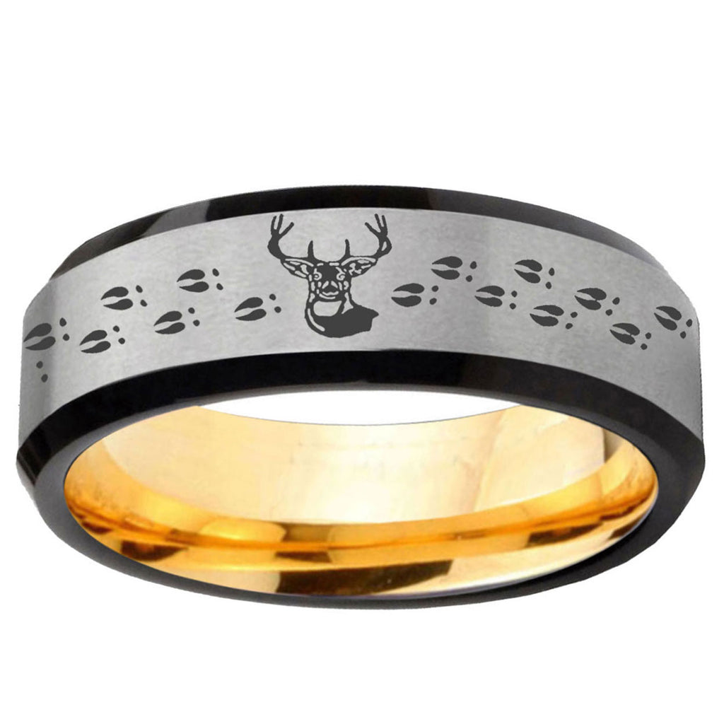 Deer Antler Beveled Edge Gray And Gold Tungsten Men Bands