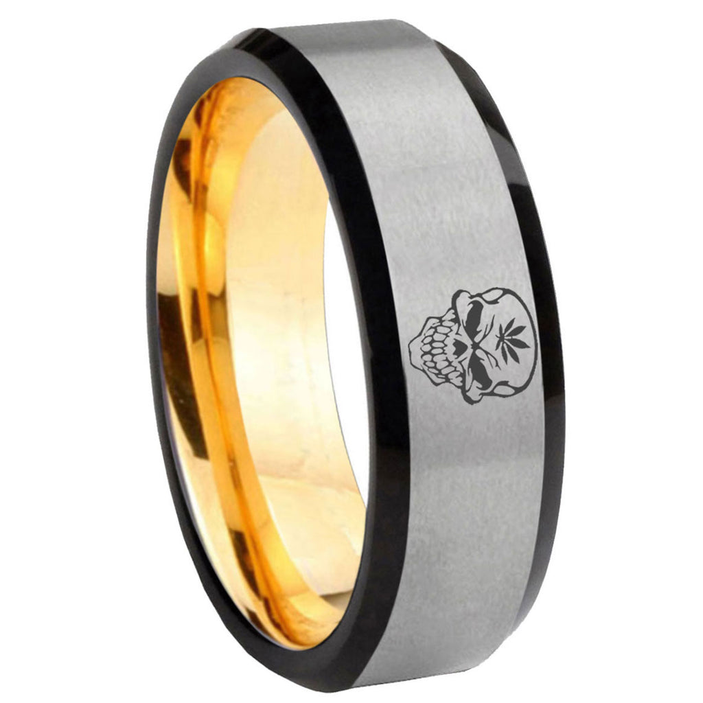 8mm Skull Marijuana Leaf Beveled Edge Gray Gold Tungsten Ring