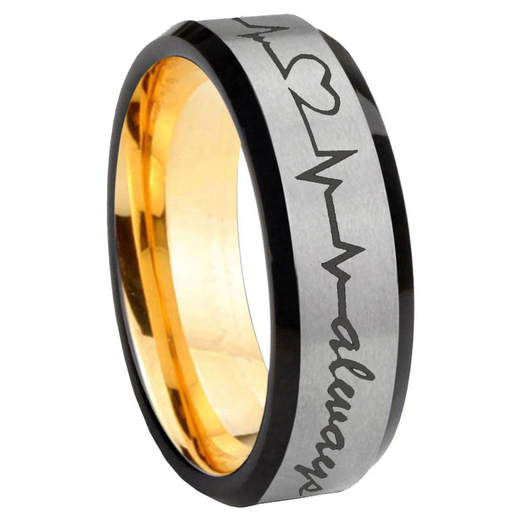 8mm Heart Beat forever Heart always Bevel Tungsten Silver Gold Ring