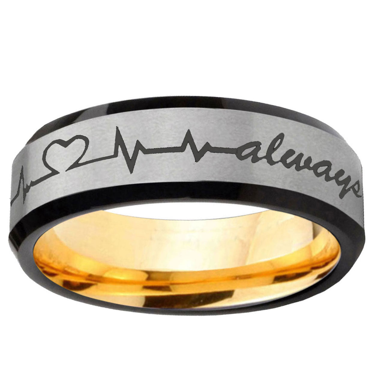 Heart Beat forever Heart always Bevel Tungsten Silver Gold Ring