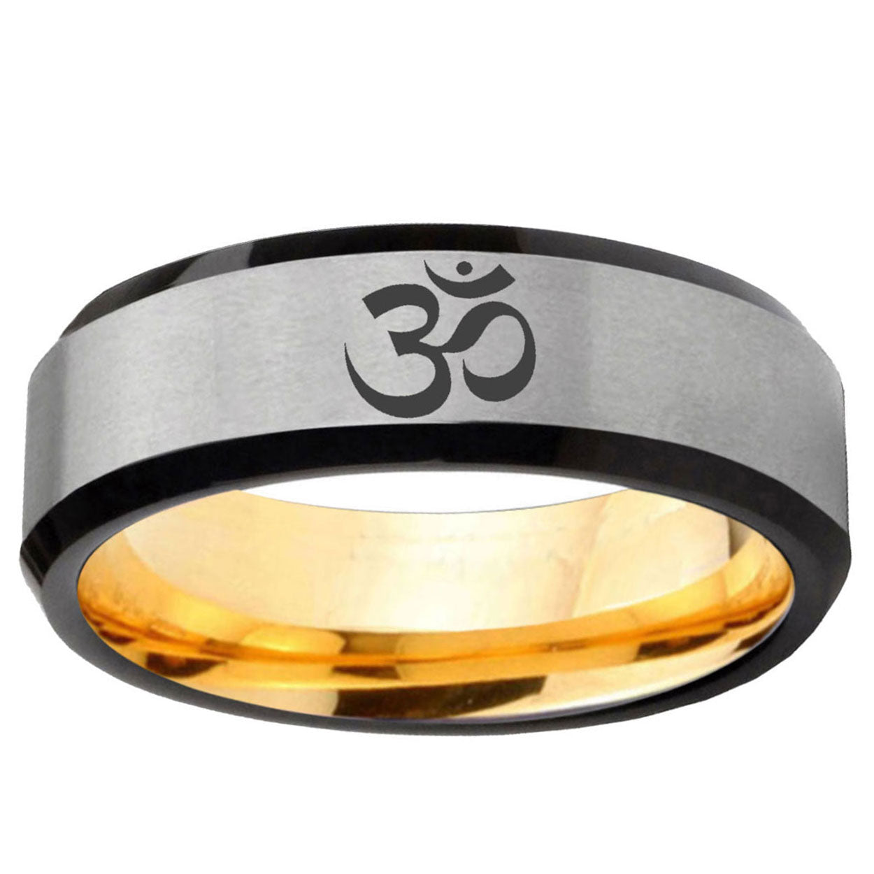 Om Aum Yoga Beveled Edge Gray Gold Tungsten Engagement Ring
