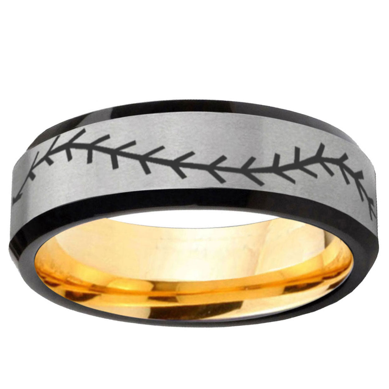 Baseball Beveled Tungsten Silver Gold Mens Engagement Ring