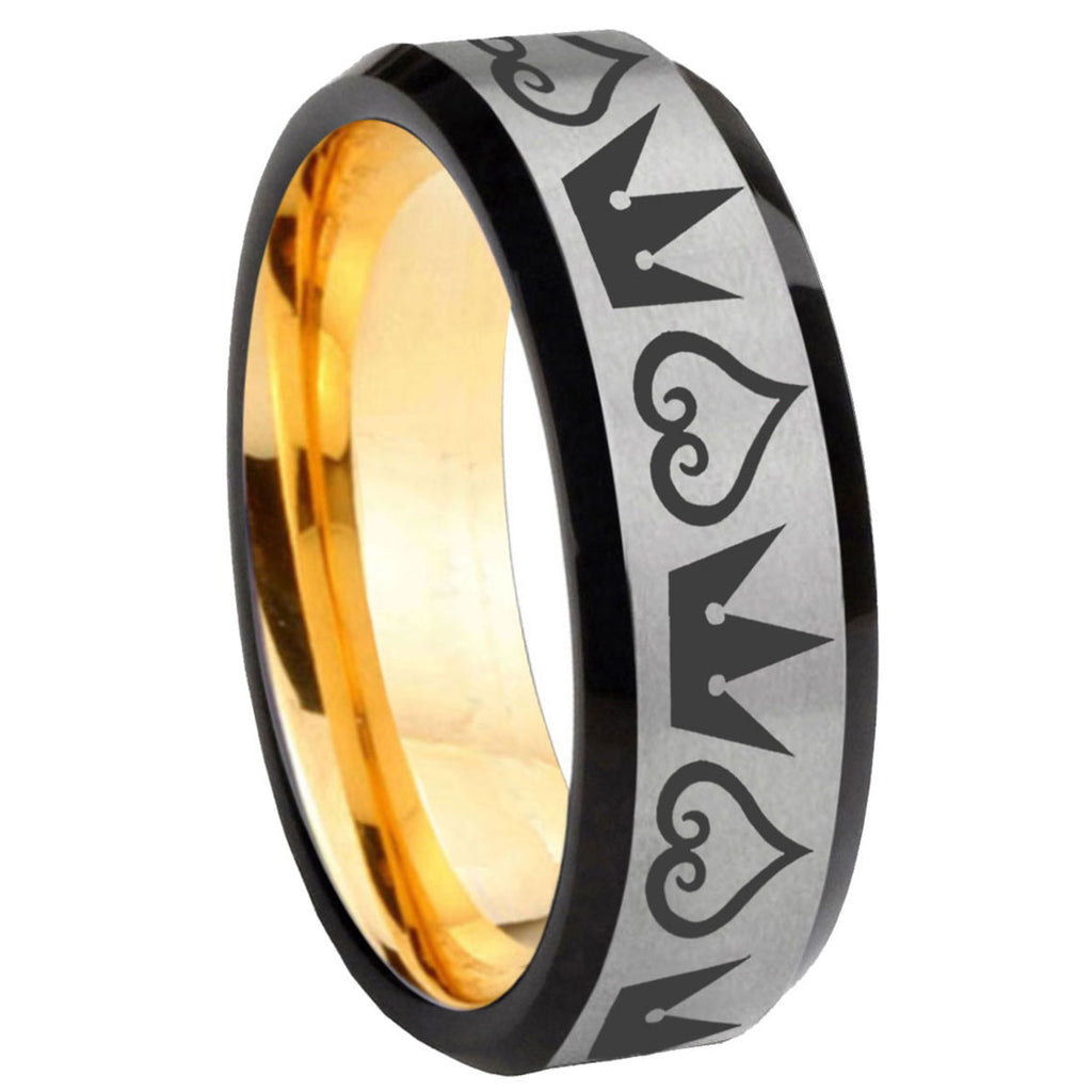 8mm Hearts Crowns Beveled Edge Gray Gold Tungsten Ring
