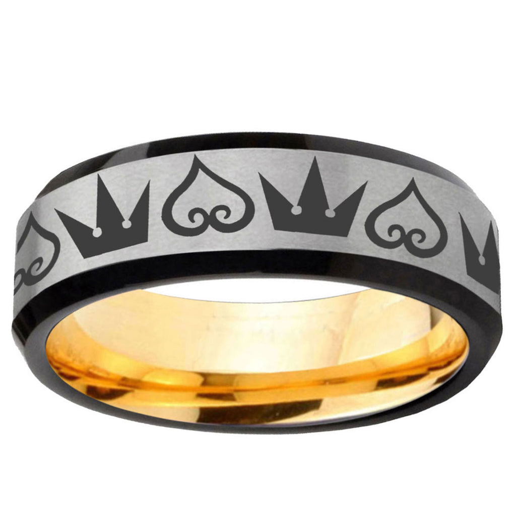 Hearts Crowns Beveled Edge Gray Gold Tungsten Ring