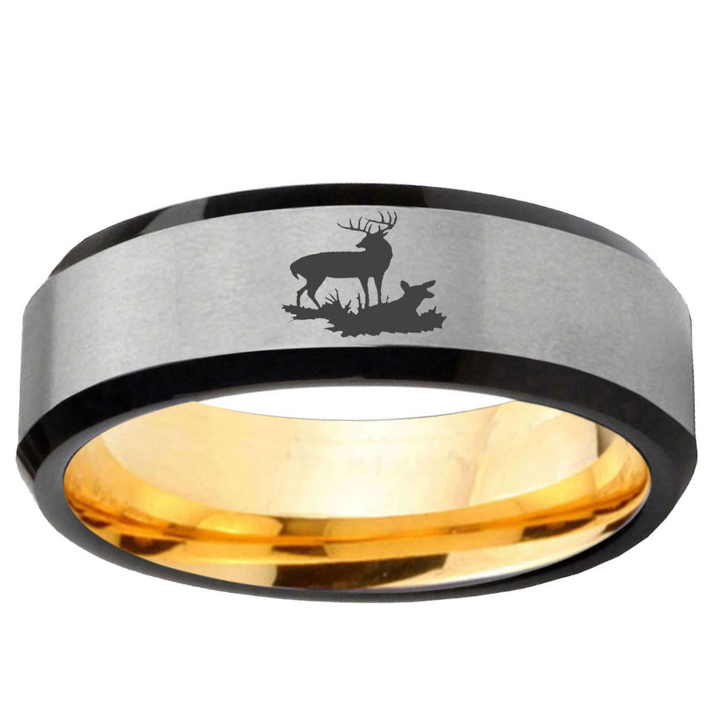 Deer Hunting Beveled Edge Gray And Gold Tungsten Mens Ring