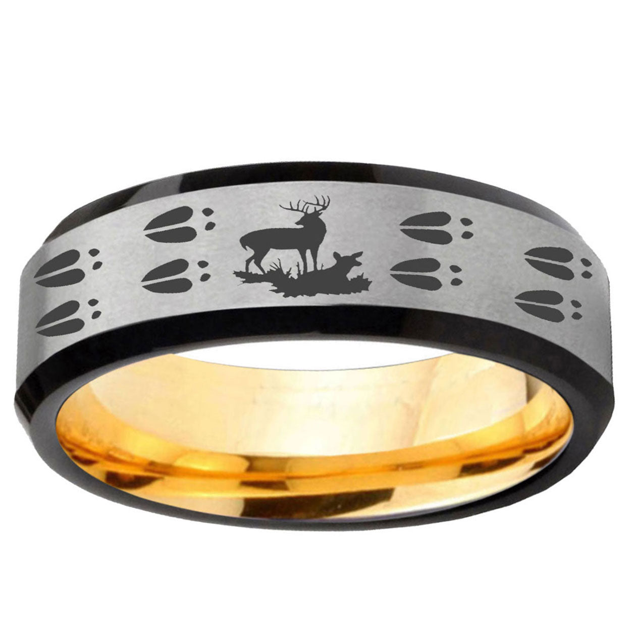 Deer Hunting Tracks Beveled Edge Gray Gold Tungsten Ring