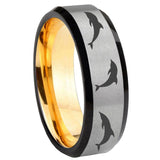 8mm Dolphins Beveled Edge Gray And Gold Tungsten Carbide Personalized Ring