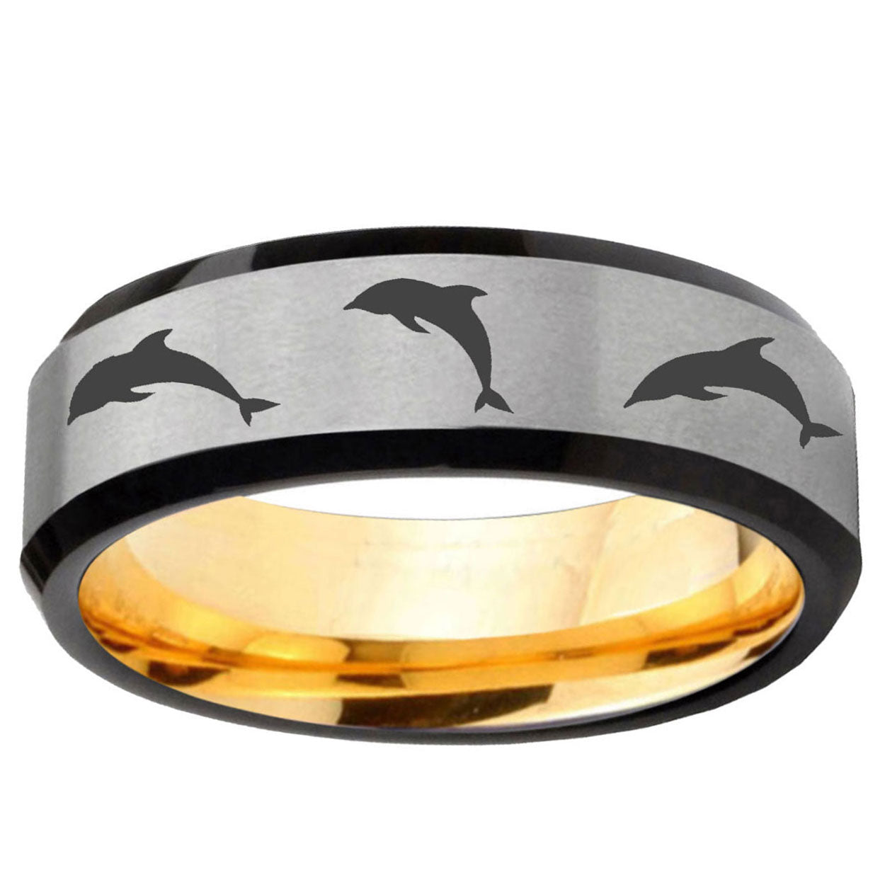 Dolphins Beveled Edge Gray Gold Tungsten Personalized Ring