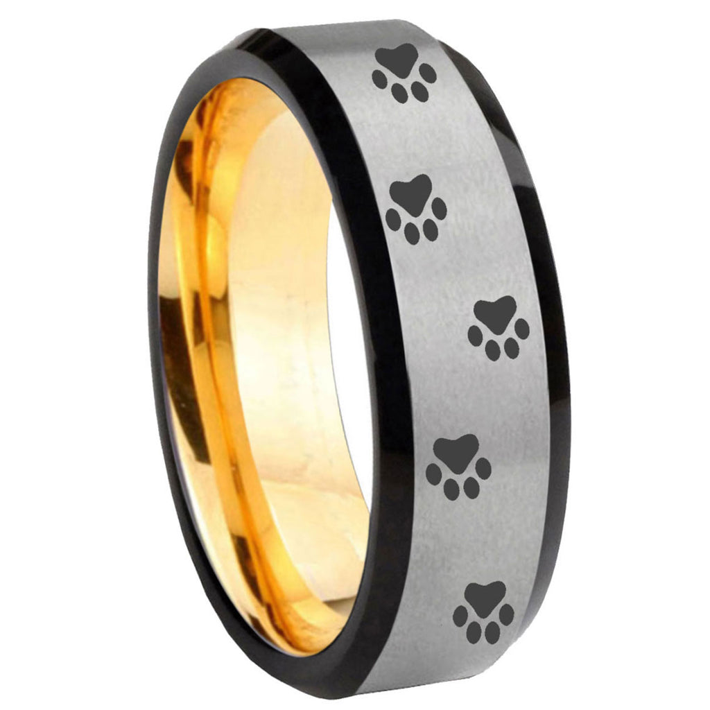 8mm Paw Print Beveled Tungsten Silver Gold Mens Engagement Ring