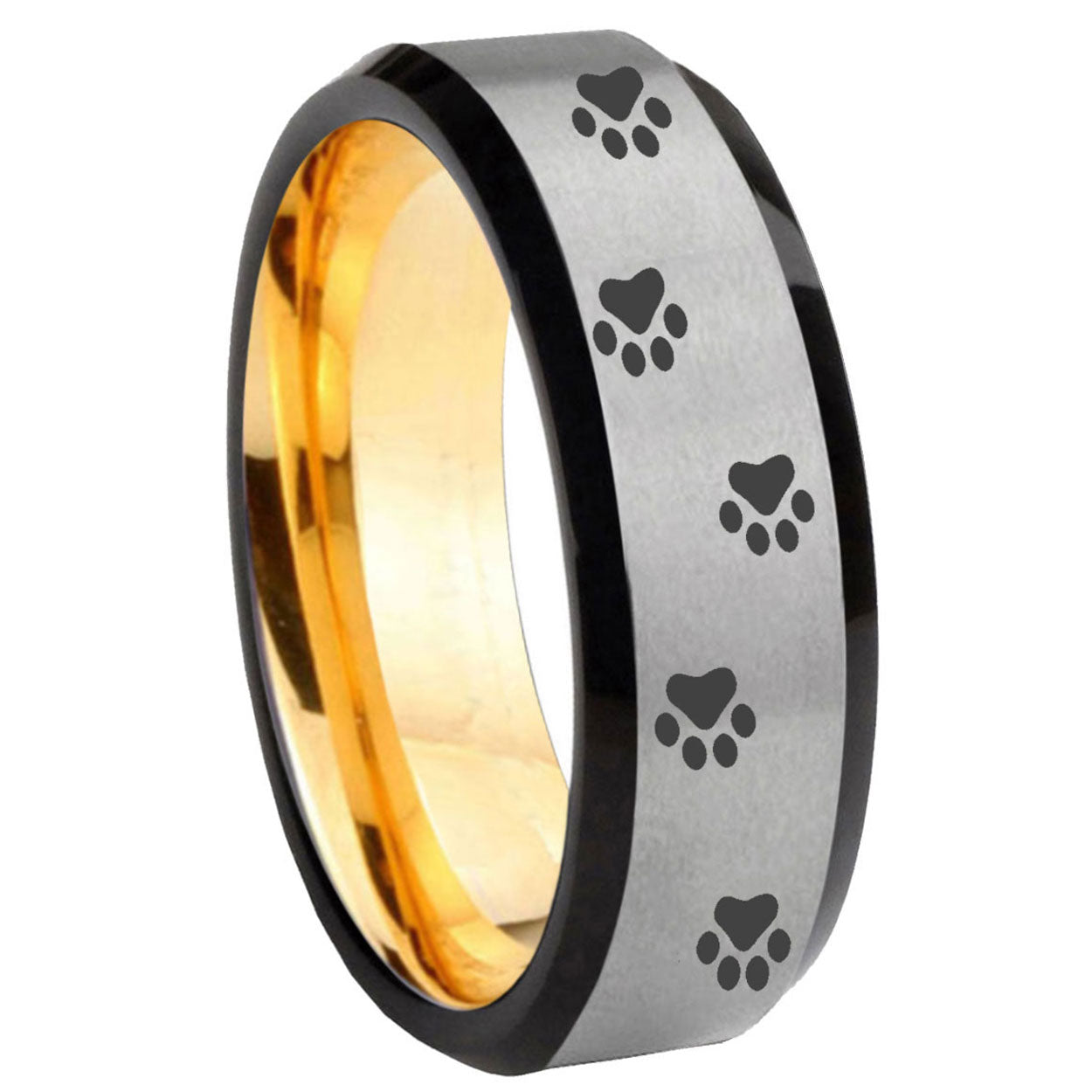 8mm Paw Print Beveled Tungsten Silver Gold Mens Engagement Ring