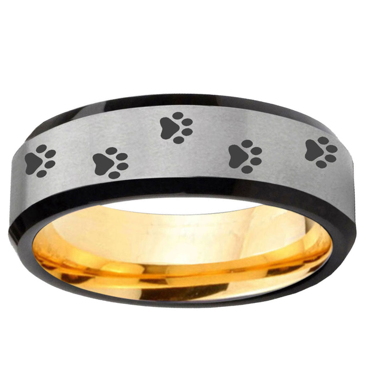 Paw Print Beveled Tungsten Silver Gold Mens Engagement Ring
