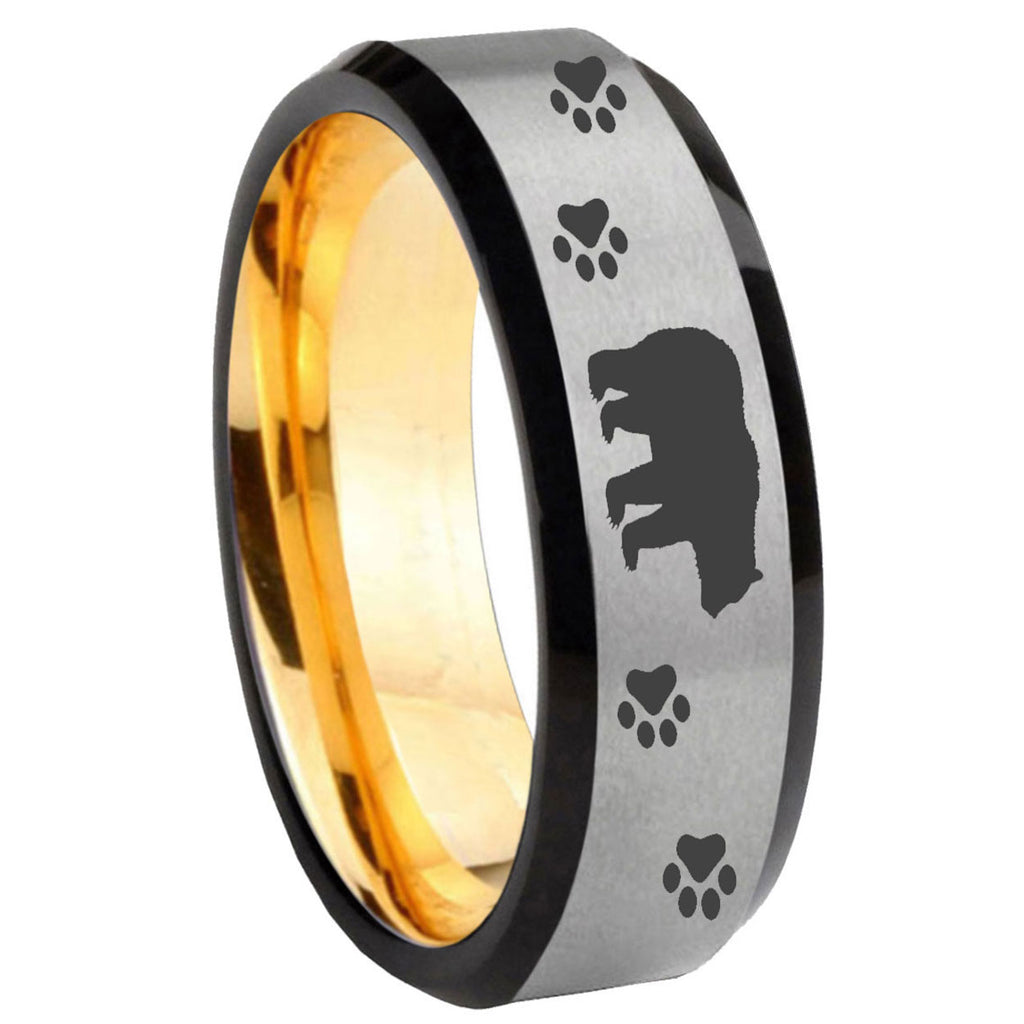 8mm Bear and Paw Beveled Edge Gray And Gold Tungsten Ring