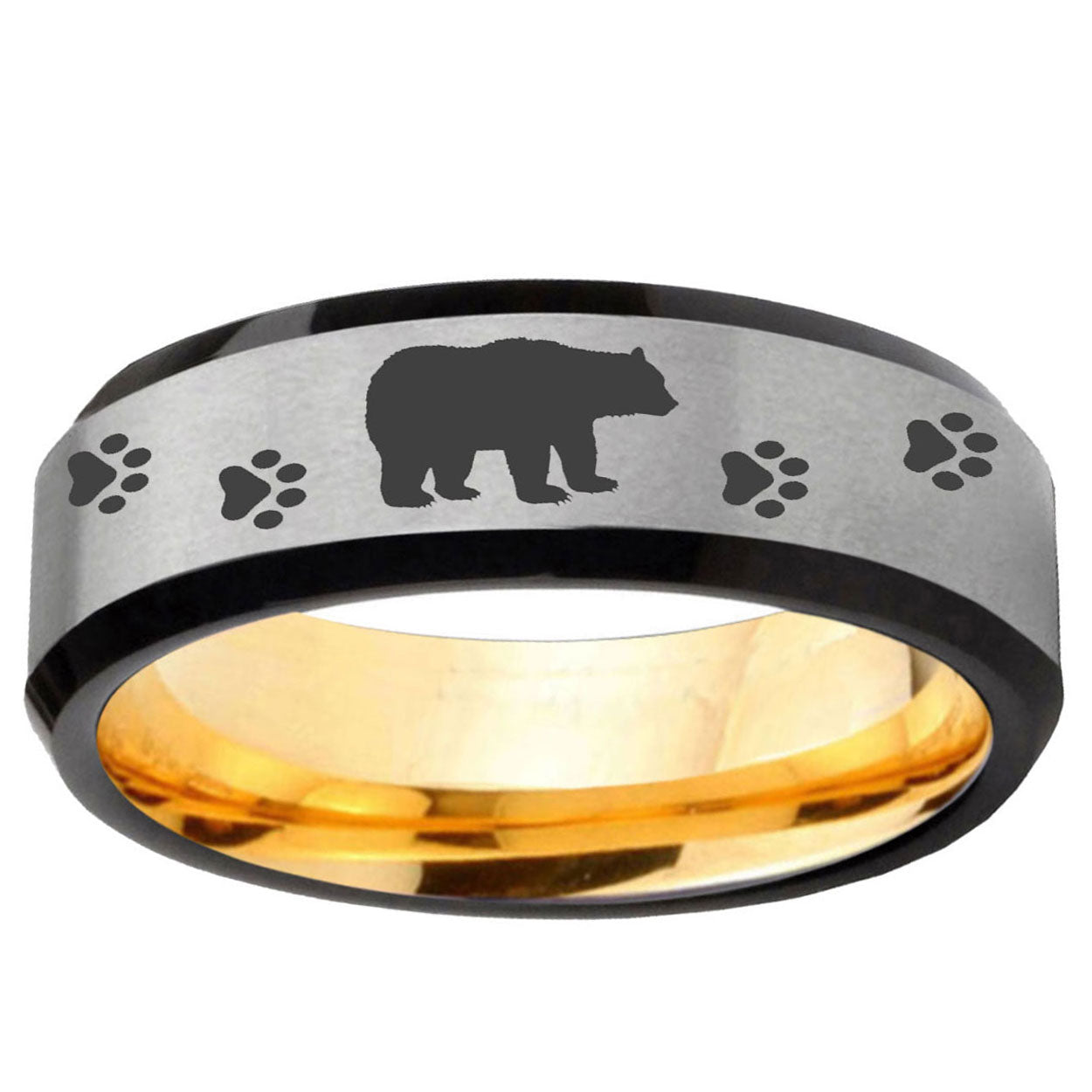 Bear and Paw Beveled Edge Gray And Gold Tungsten Ring