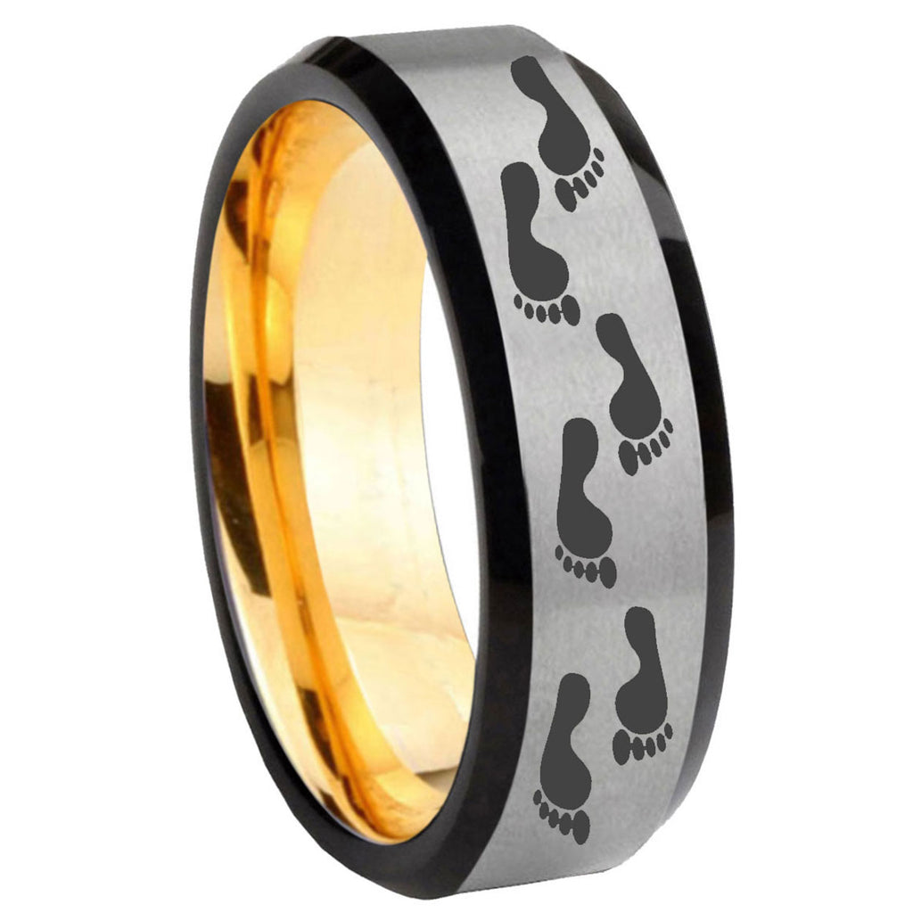 8mm Foot Print Beveled Edge Gray And Gold Tungsten Wedding Band