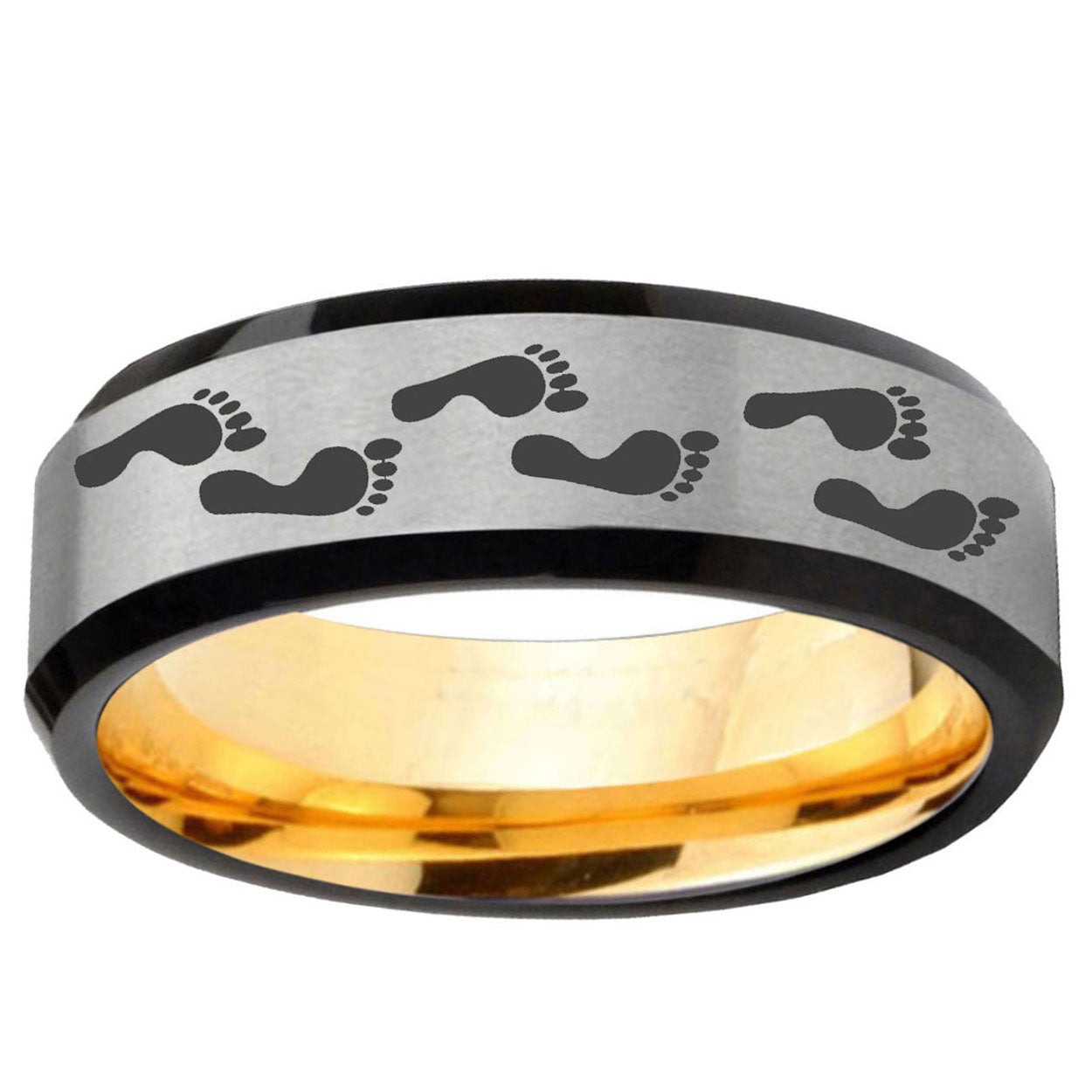 Foot Print Beveled Edge Gray And Gold Tungsten Wedding Band