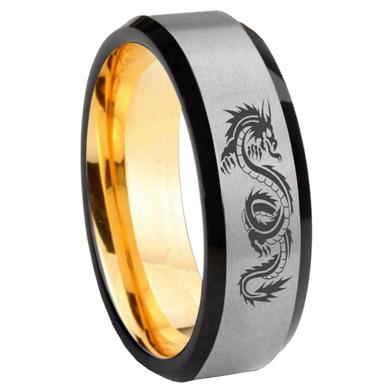 8mm Dragon Beveled Edge Gray And Gold Tungsten Engraved Ring