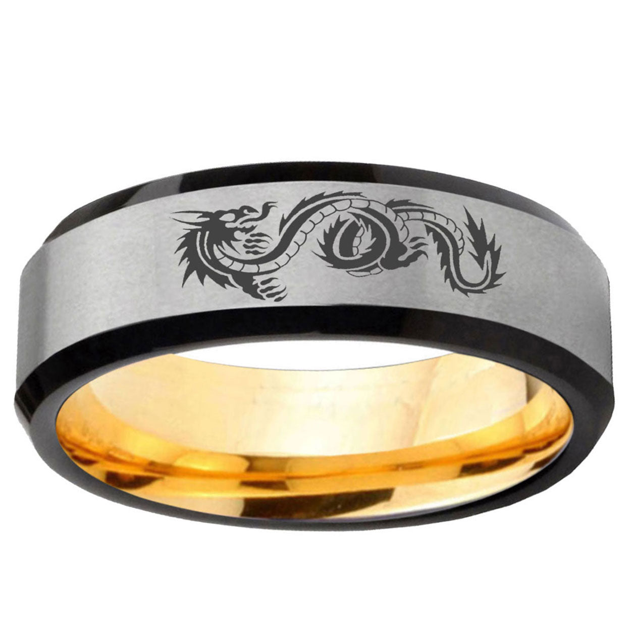 Dragon Beveled Edge Gray And Gold Tungsten Engraved Ring