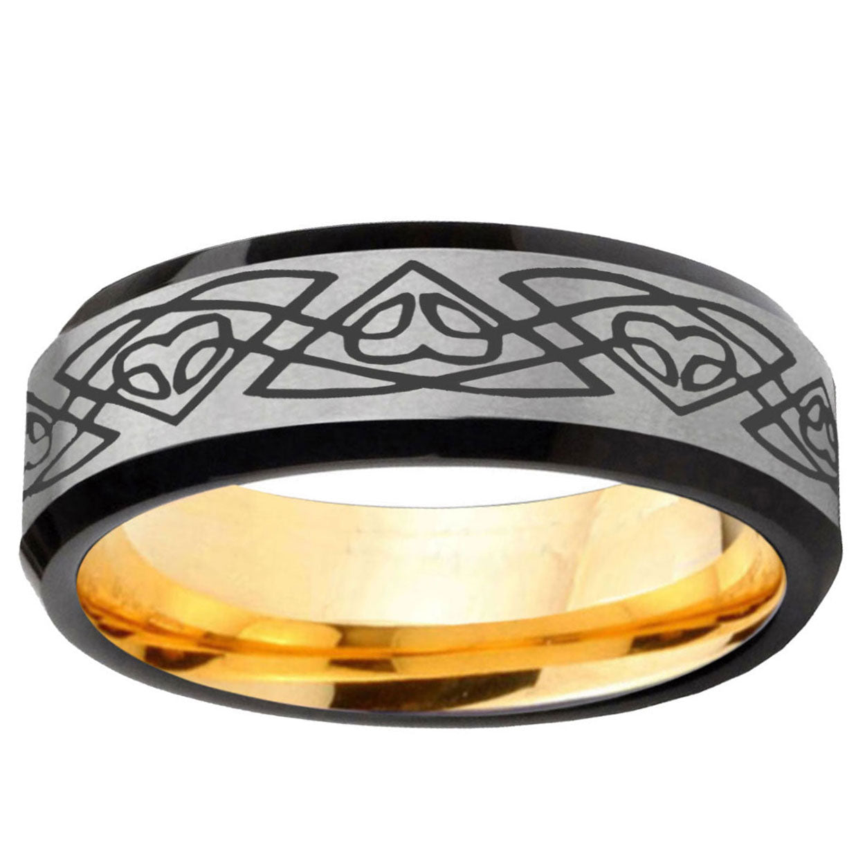 Celtic Braided Beveled Edge Gray And Gold Tungsten Ring