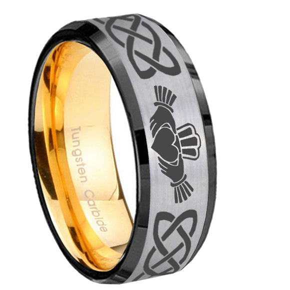 8mm-Irish-Claddagh-Beveled-Tungsten-Carbide-Silver-Gold-Mens-Engagement-Ring