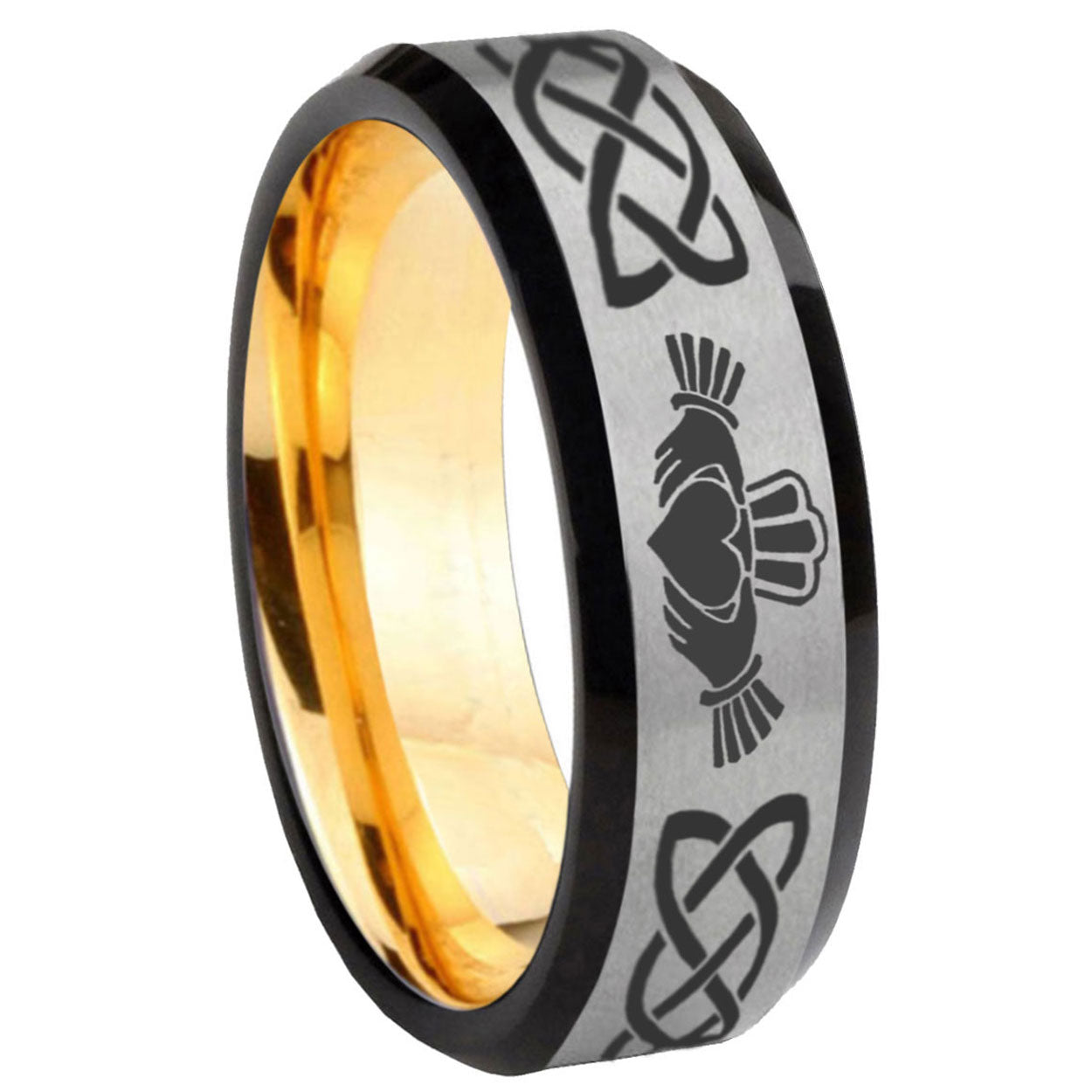 8mm Irish Claddagh Beveled Tungsten Silver Gold Engagement Ring