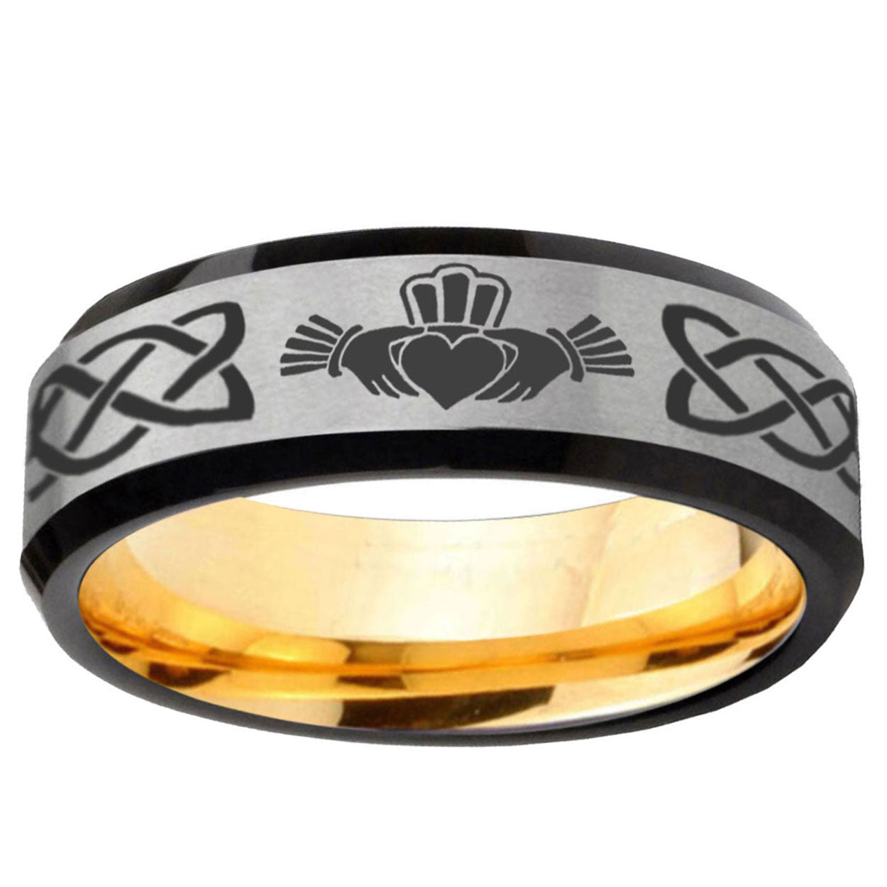 Irish Claddagh Beveled Tungsten Silver Gold Engagement Ring