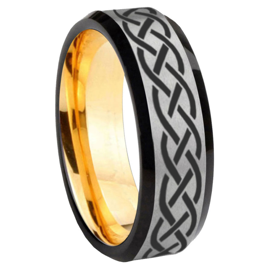 8mm Celtic Knot Beveled Edge Gray And Gold Tungsten Mens Ring