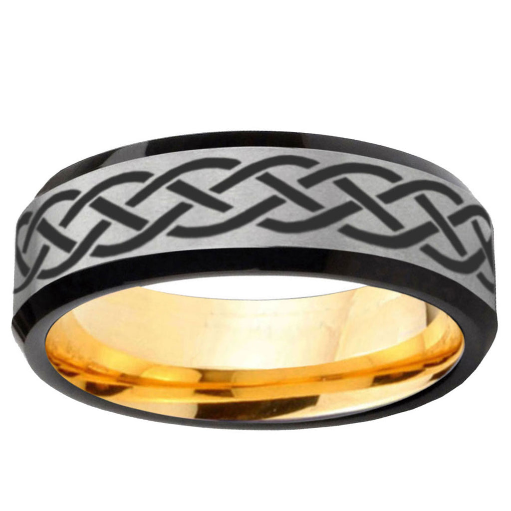 Celtic Knot Beveled Edge Gray And Gold Tungsten Mens Ring