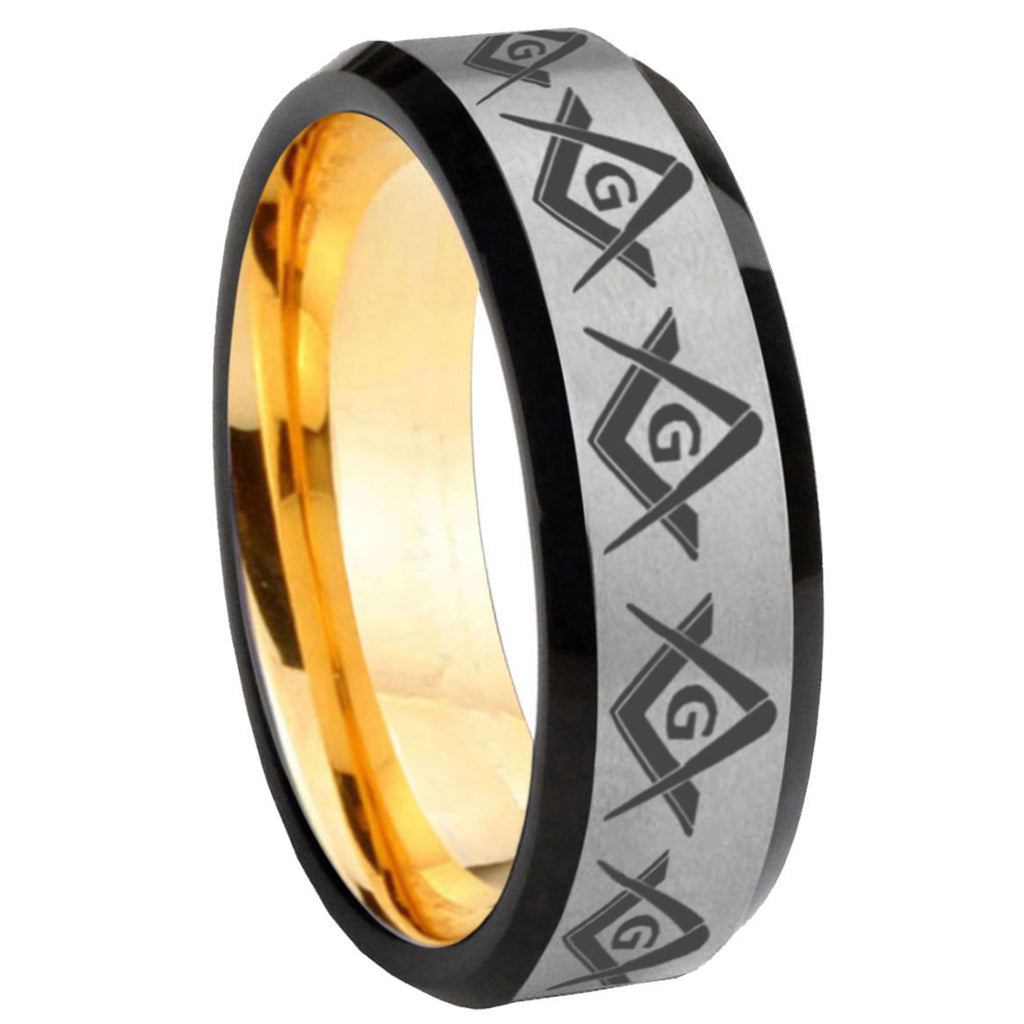 8mm Masonic Square Compass Beveled Edge Gray Gold Tungsten Band