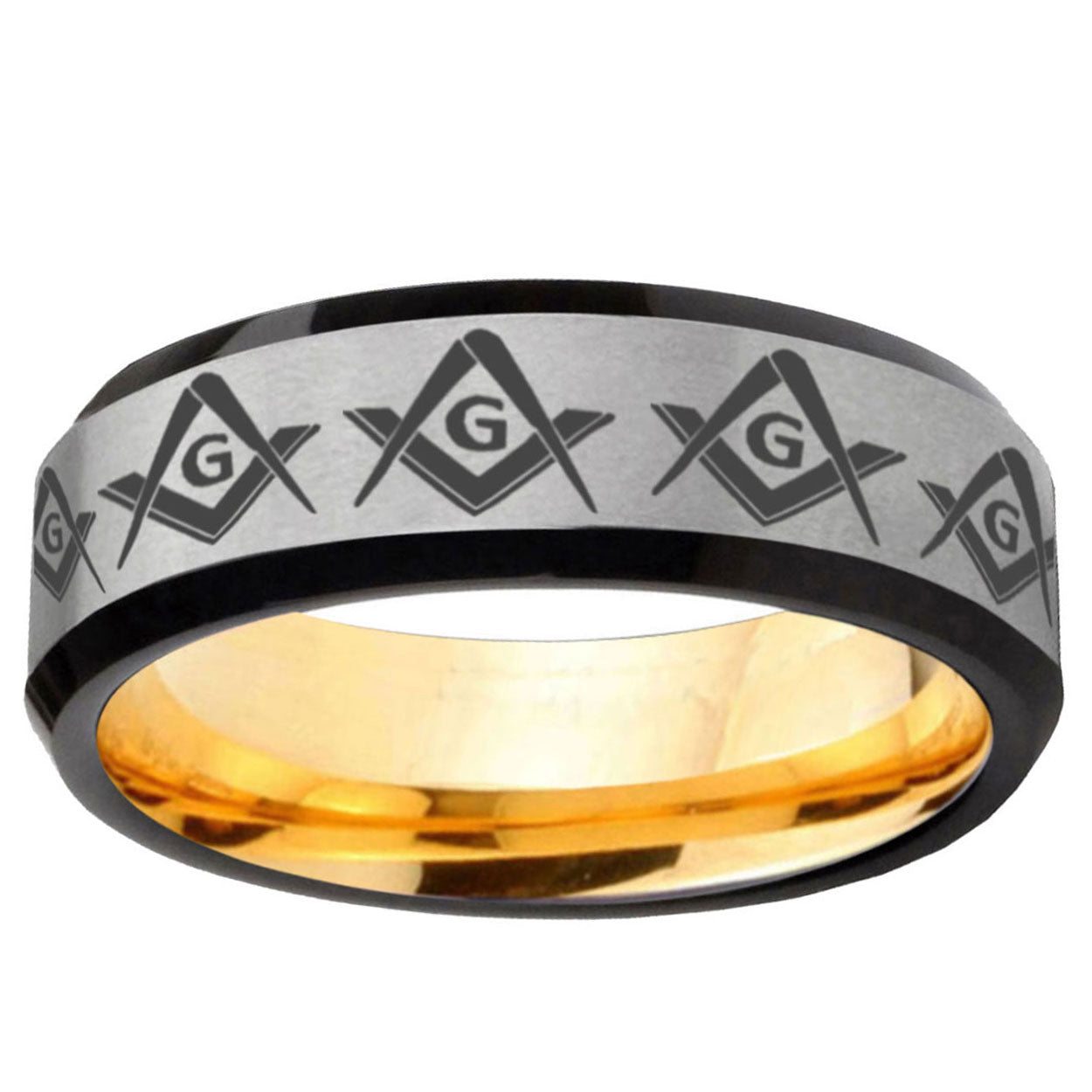 Masonic Square Compass Beveled Edge Gray Gold Tungsten Band