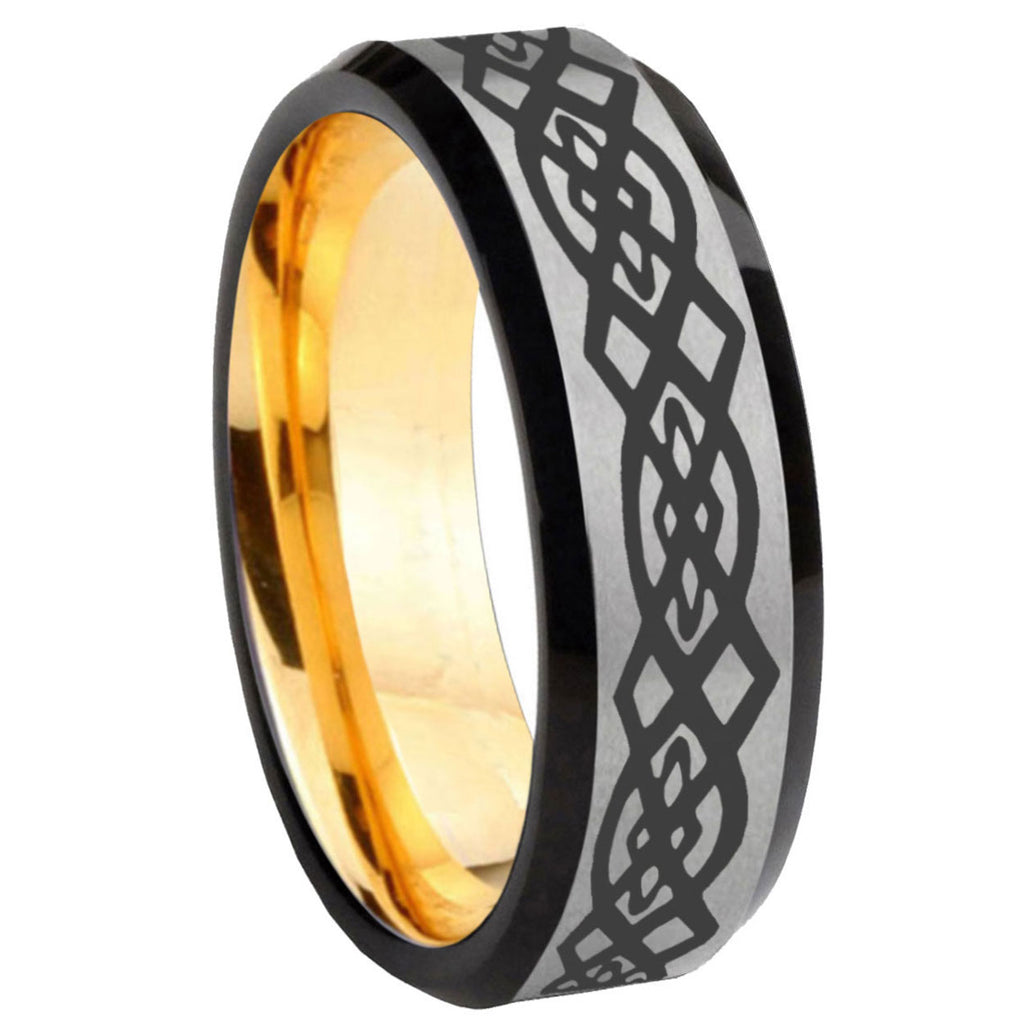 8mm Celtic Knot Beveled Edge Gray And Gold Tungsten Ring