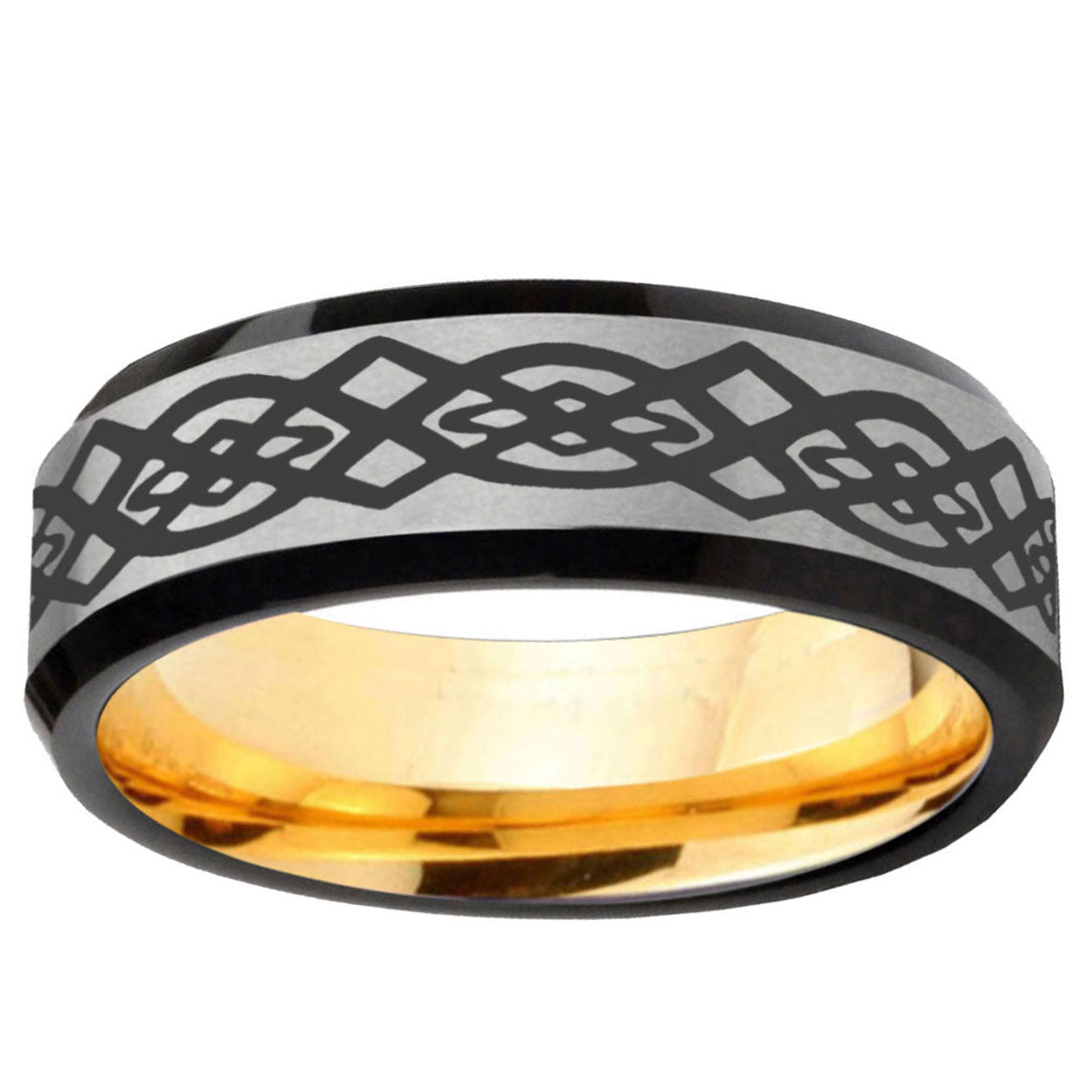 Celtic Knot Beveled Edge Gray And Gold Tungsten Ring