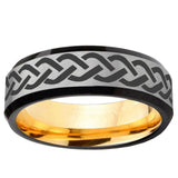 Laser Celtic Knot Beveled Edge Gray And Gold Tungsten Engraved Band