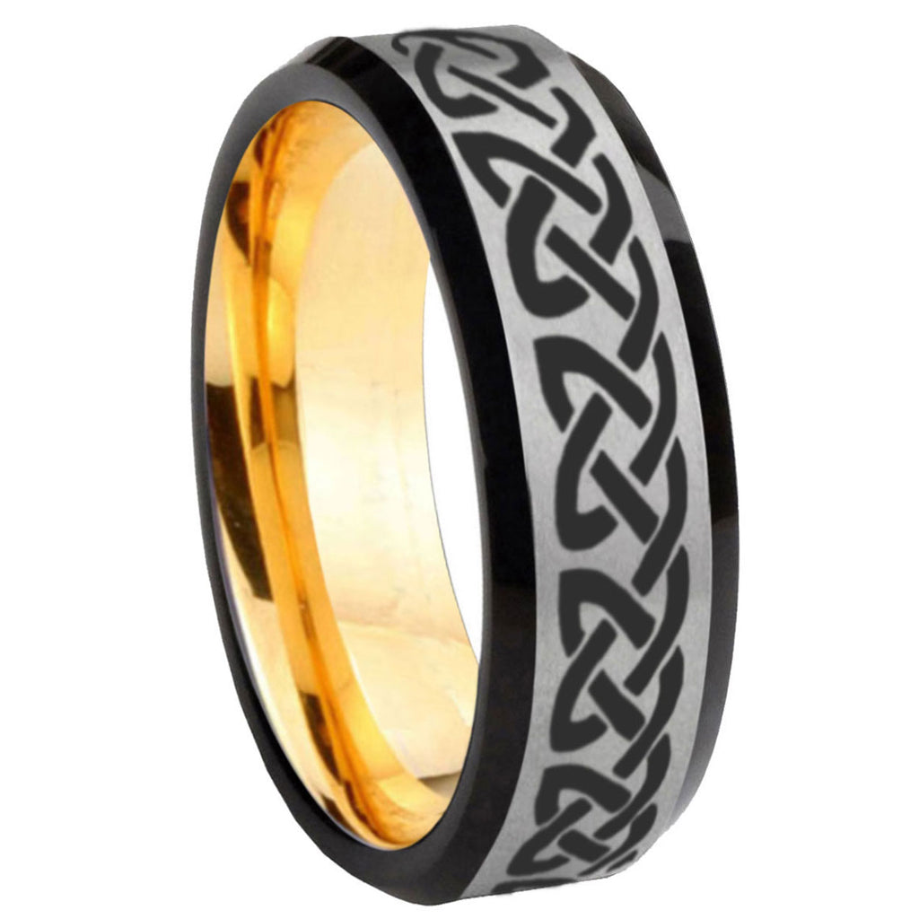 8mm Celtic Knot Love Beveled Edge Gray Gold Tungsten Ring