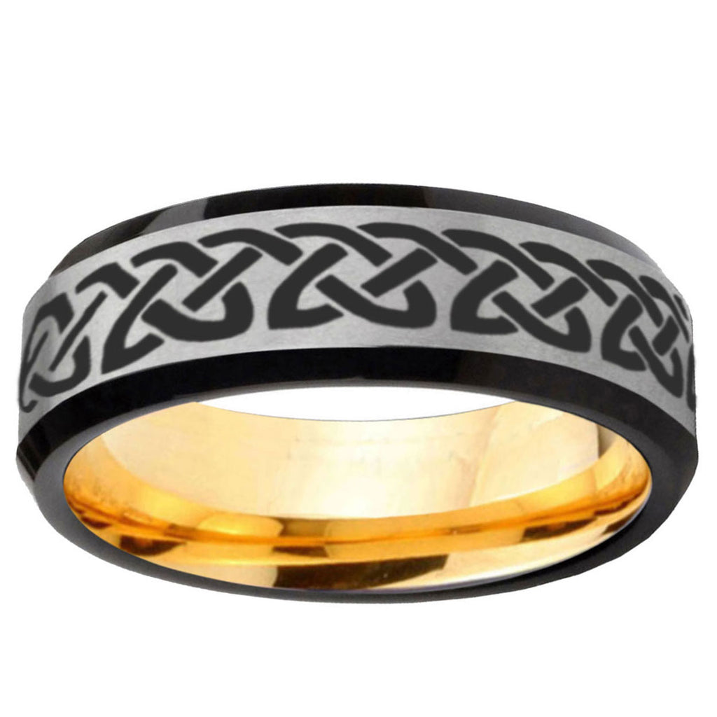 Celtic Knot Love Beveled Edge Gray Gold Tungsten Ring