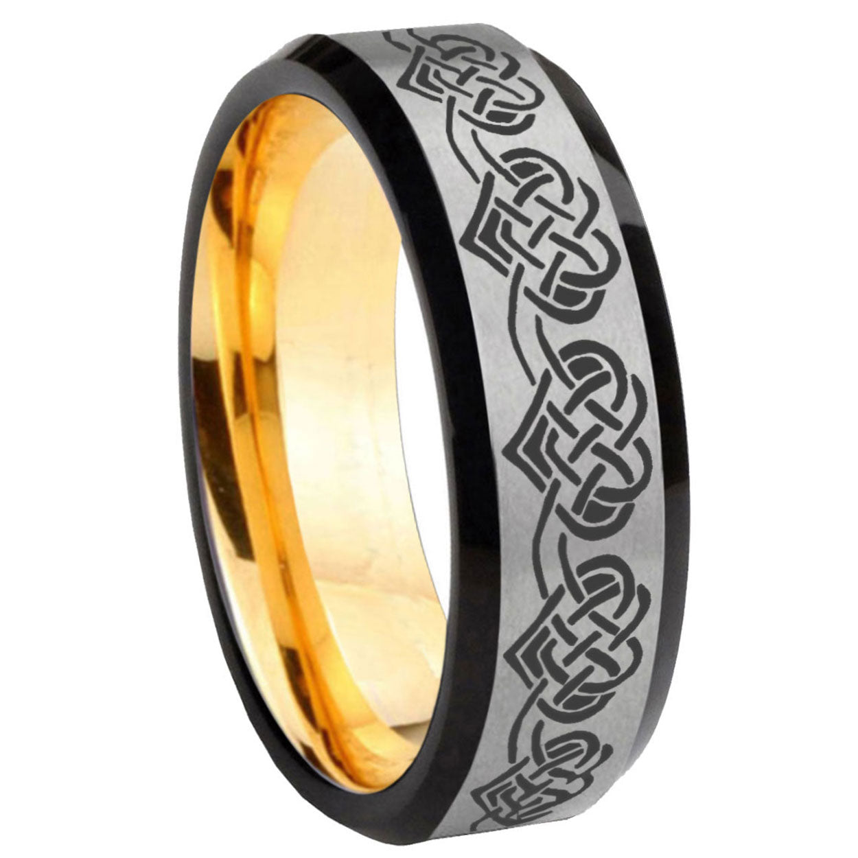 8mm Celtic Knot Heart Beveled Edge Gray And Gold Tungsten Ring