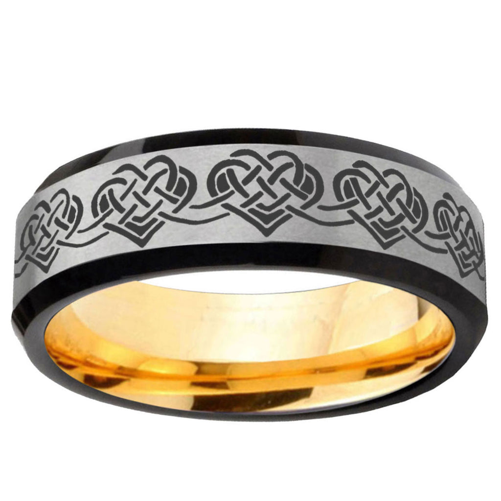 Celtic Knot Heart Beveled Edge Gray And Gold Tungsten Ring